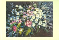 Chrysanthemums with Blue Wrens by Jean (John) Sindelar