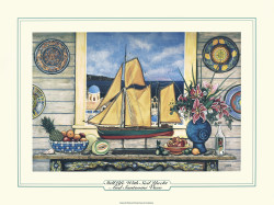 Still Life with Sail Yacht & Santorini View  by Sarina Baker