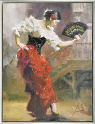 Spanish Dancer Stretched and Framed (Float Frame White with silver Edge) by Pino Daeni - Stretched Canvas